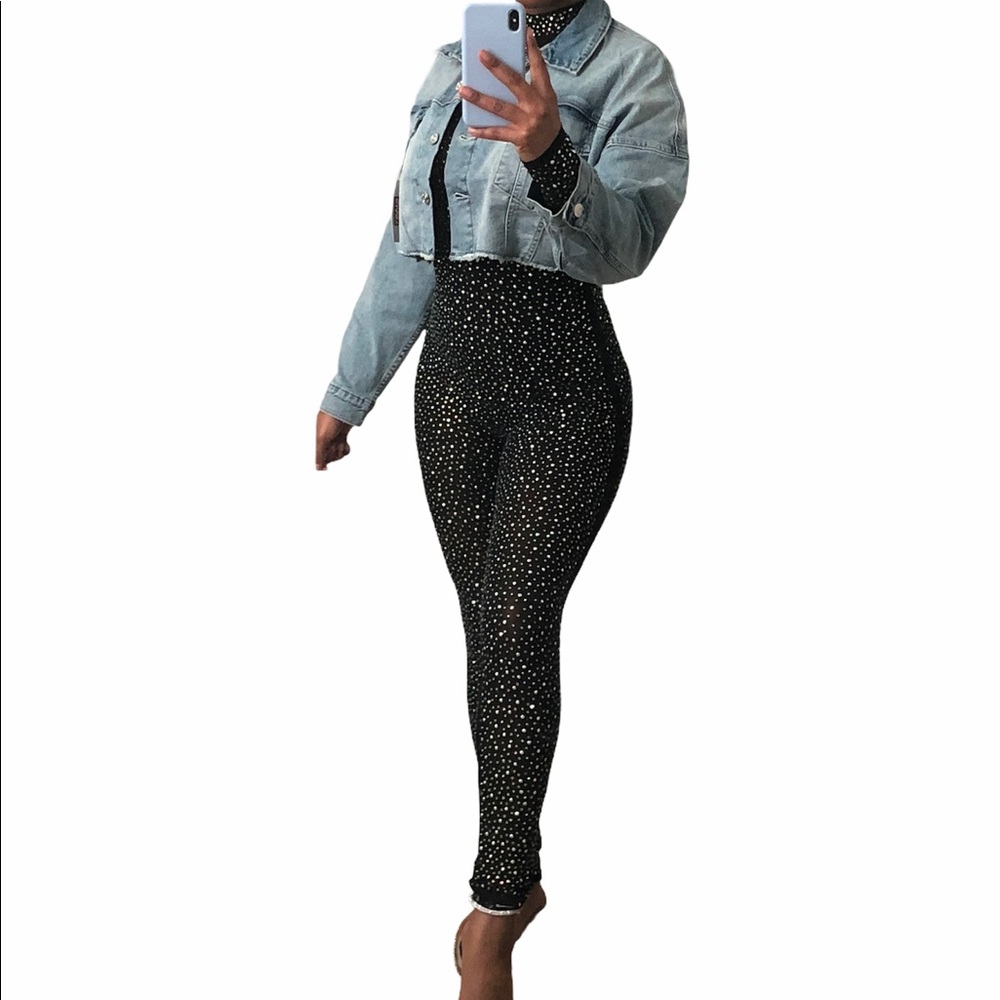 Black Mesh Rainbow Iridescent Rhinestone Jumpsuit